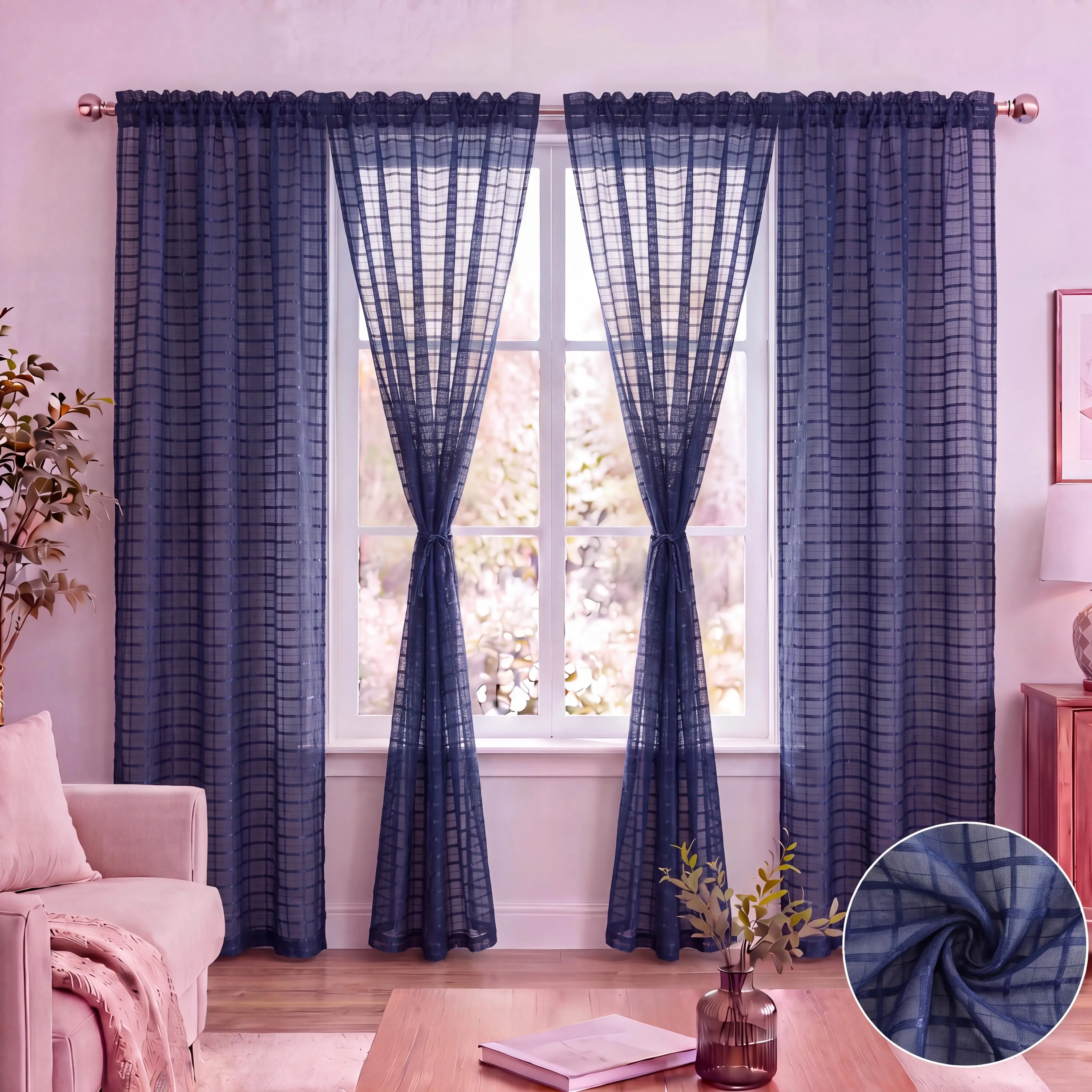 4-Panel Textured Classic Plaid Grid Jacquard Rod Pocket Home Decorative Curtain, Light Filtering Privacy Drapes, Wrinkle-Resistant, Anti-Shrink, Breathable, Washable Farmhouse Coastal Curtains for Living Room, Bathroom FT0028, Fade Resistant