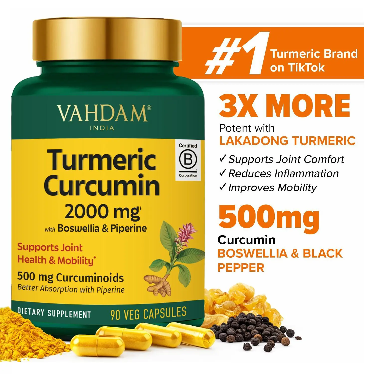 VAHDAM Turmeric Curcumin 2000mg | 95% Curcuminoids with Black Pepper & MCT Oil for Maximum Absorption | Supports Joint Health, Inflammation Relief & Mobility | 90 Veg Dietary Supplement Capsules, Plant-Based Herbs for Adults
