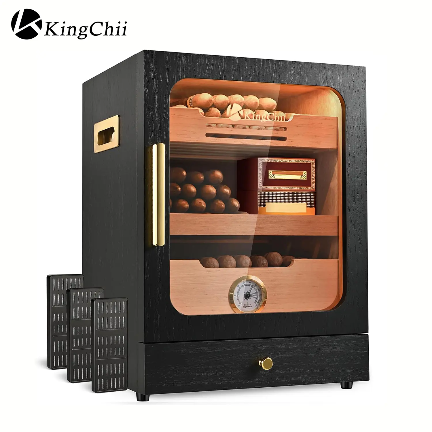 KingChii Spanish Cedar Storage Cabinet with 3 Color LED Lighting and Built in Hygrometer 100 Counts Capacity Matte Black Countertop Humidor Box