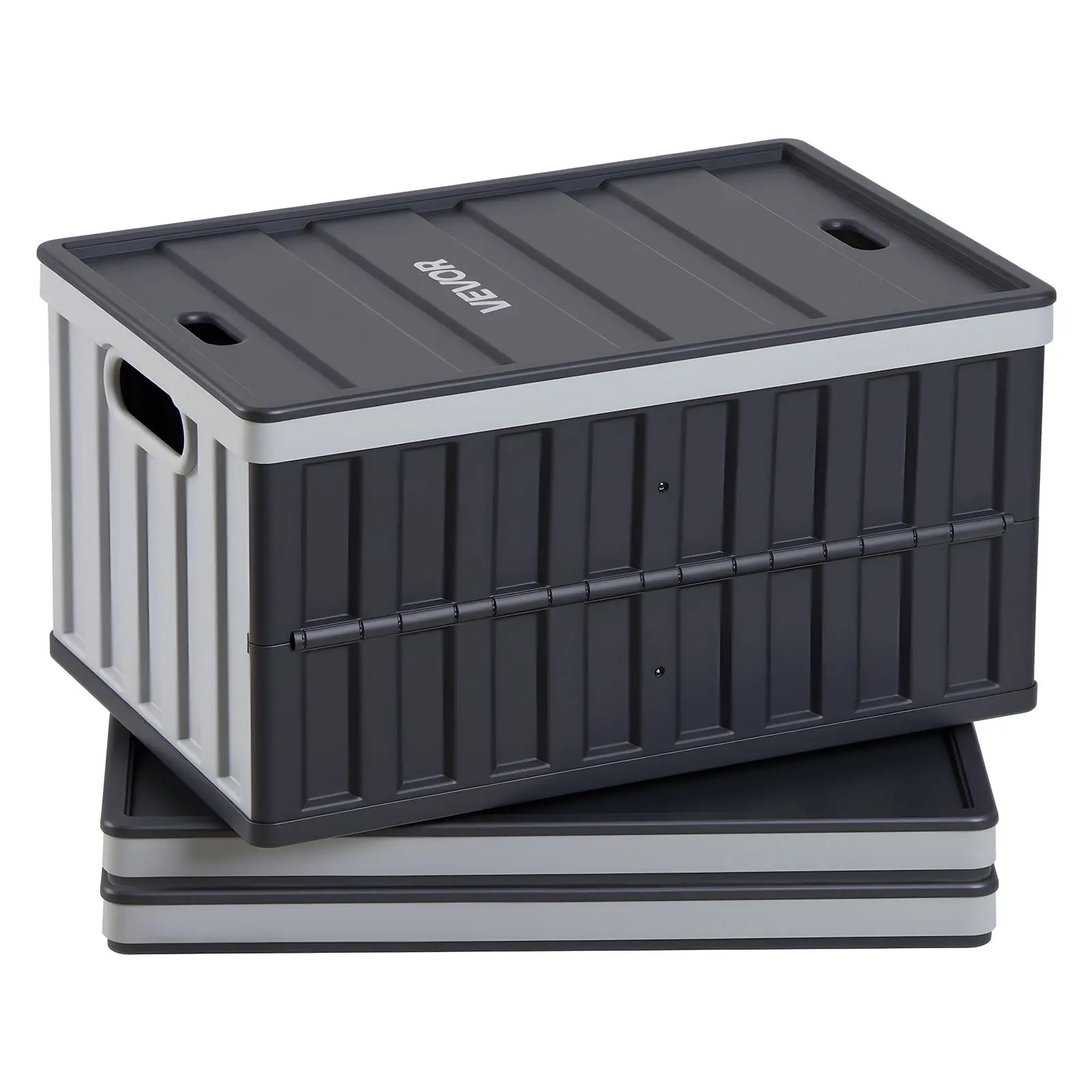 VEVOR 3-Pack Extra-Large 65L Rectangle Plastic Foldable Storage Bins with Lids, Stackable Folding Crates with Handles, 84 lbs Capacity Per Bin, Heavy-Duty Household Home Supplies Organizer, Rounded Edge Safe for Kitchen Pantry, Home Use