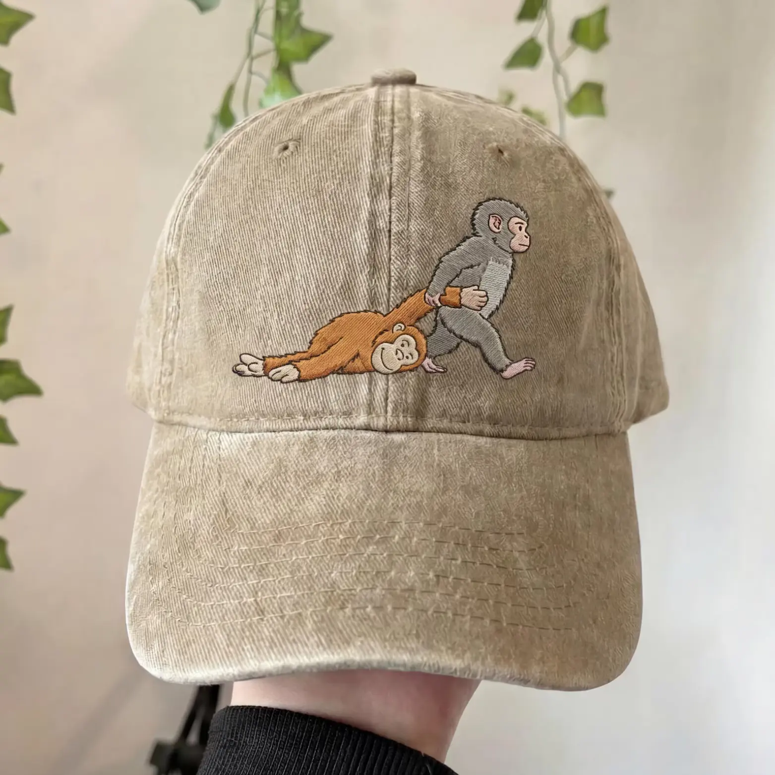 Punch Monkey Embroidered Hat, Japan Inspired Baby Monkey Plush Cap, Cute Animal Lover Gift Trendy Adjustable Dad Hat
