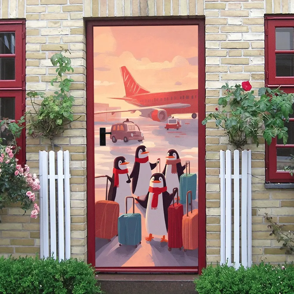 2pcs Cute Penguin Travel Theme Wall Stickers Cartoon Animal Airport Scene Kids Room Decorative Stickers Self Adhesive Removable Living Room Bedroom Background Wall Decals