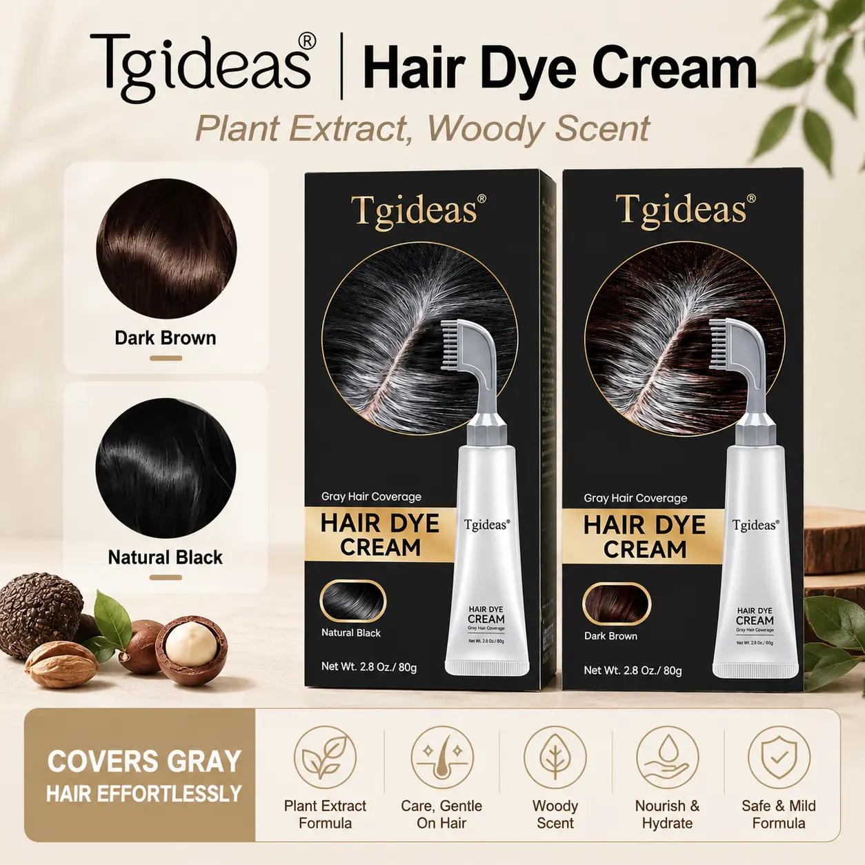 Tgideas Hair Dye Comb / Hair Dye Cream — Portable Home Use & Hyaluronic Acid, 100% Gray Hair Coverage, Black & Brown Available, 1 Box with Hair Dye Tools
