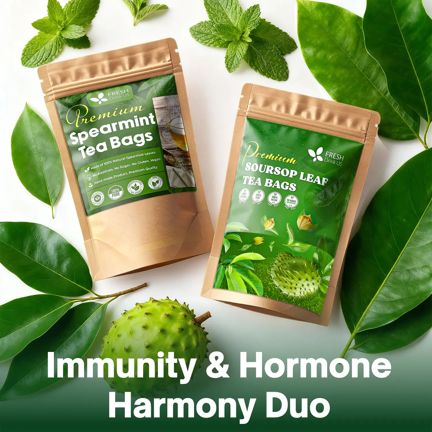 【FreshDrinkUS】 Immunity & Hormone Harmony Duo, Soursop Graviola Leaf & Spearmint Leaf Herbal Tea Bags, 100% Natural & Pure Leaves, Natural Material Tea Bags, No Sugar, No Caffeine, No Gluten, Vegan – Herbal Beverage