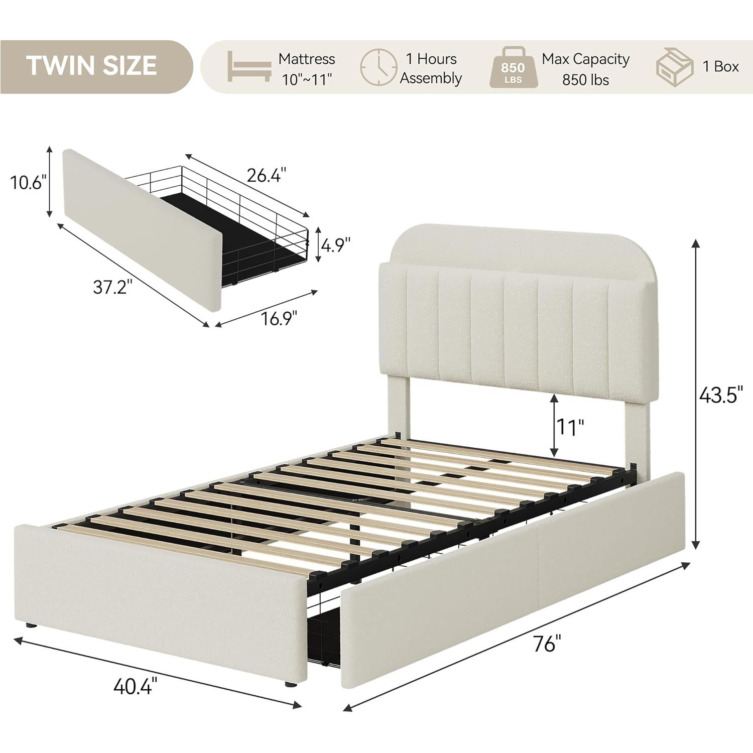 Twin Bed Frame with Storage Headboard, Kids Bed Frame with 2 Drawers, Boucle Upholstered Platform Bed with Bookcase, No Box Spring Needed, Easy Assembly, Beige White