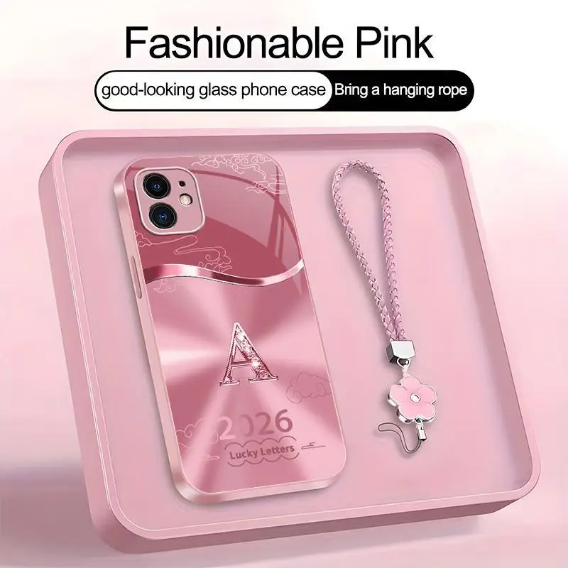 Suitable for [iPhone 11] high-end women's phone case🤩，a free four-leaf clover lanyard is included, with 26 letters of the alphabet to choose from，auspicious cloud patterns bring you good luck YM99