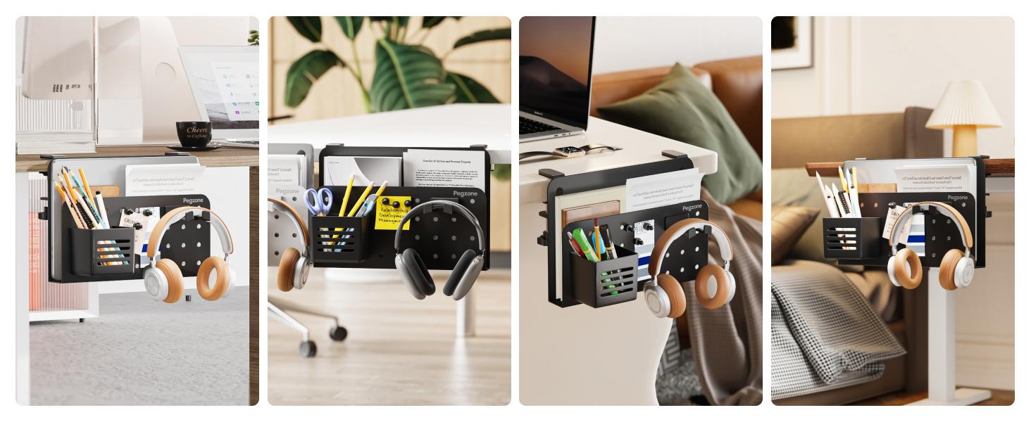 Desk Side Storage Organizer, No Drill Under Desk Laptop Holder, Clamp on Desks Shelf with Pegboard Accessories, Hanging Laptop Mount, Fits Flat Edge 0.4" to 2.2"