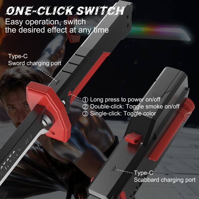 Spark-Effect Sword 31.5" LED Blade with Mist Smoke Auto-Eject Sheath Type-C Recharge Replaceable Flint Spark for Cosplay Ultimate Galaxy War Blade Electronic Toy