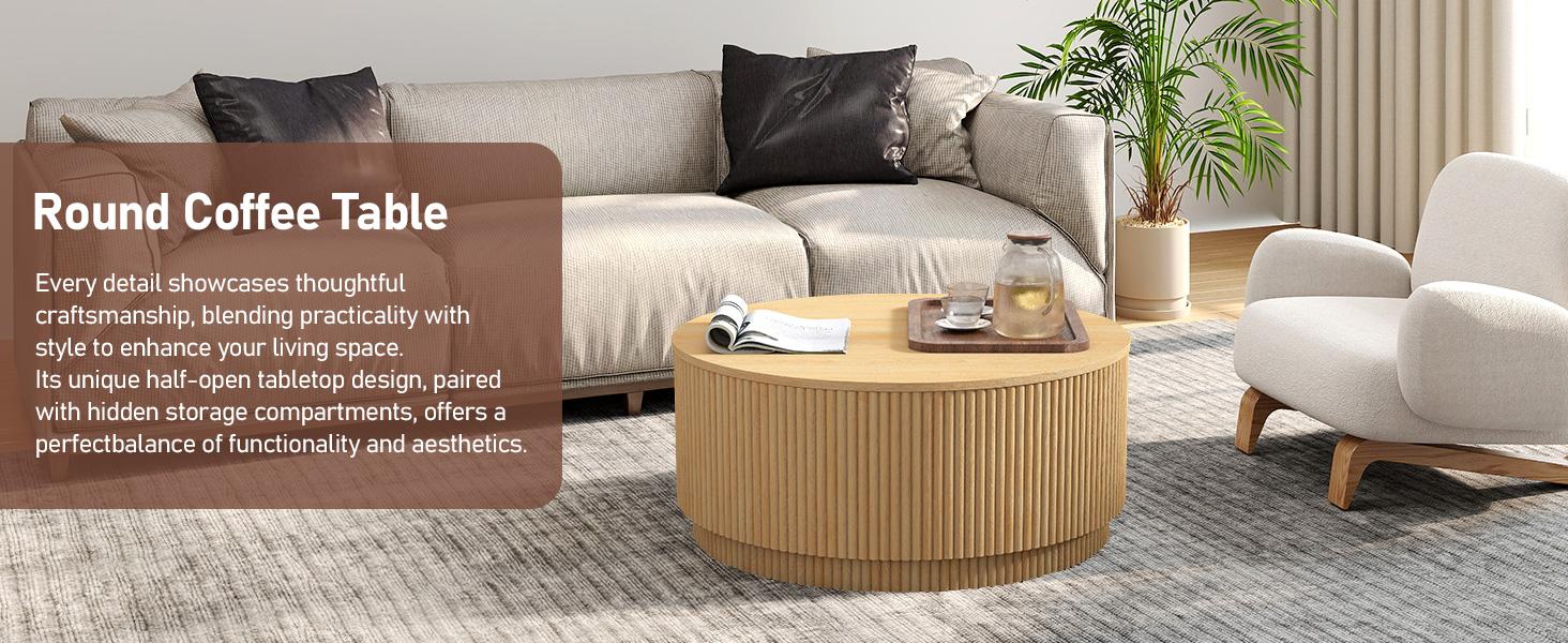 Giratree 31.5" Round Coffee Table with Storage, Mid Century Modern Coffee Tables with Fluted Base, Wooden Circle Accent Center Table for Living Room Small Space Apartment Office