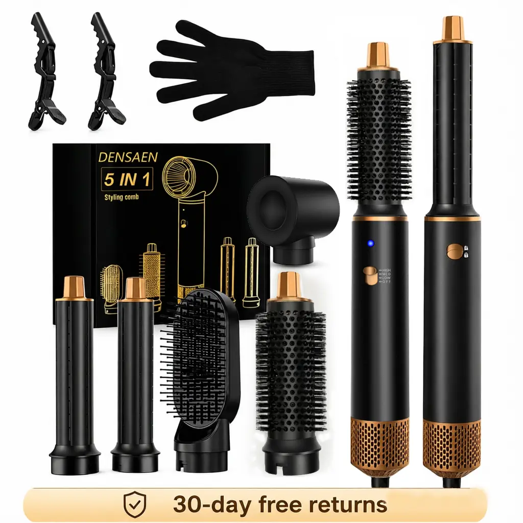 DENSAEN 5-in-1 Hot Air Brush Kit with Curling, Straightening & Smoothing Attachments, Adjustable Styling Tool for Daily Use, Classic Gift Set