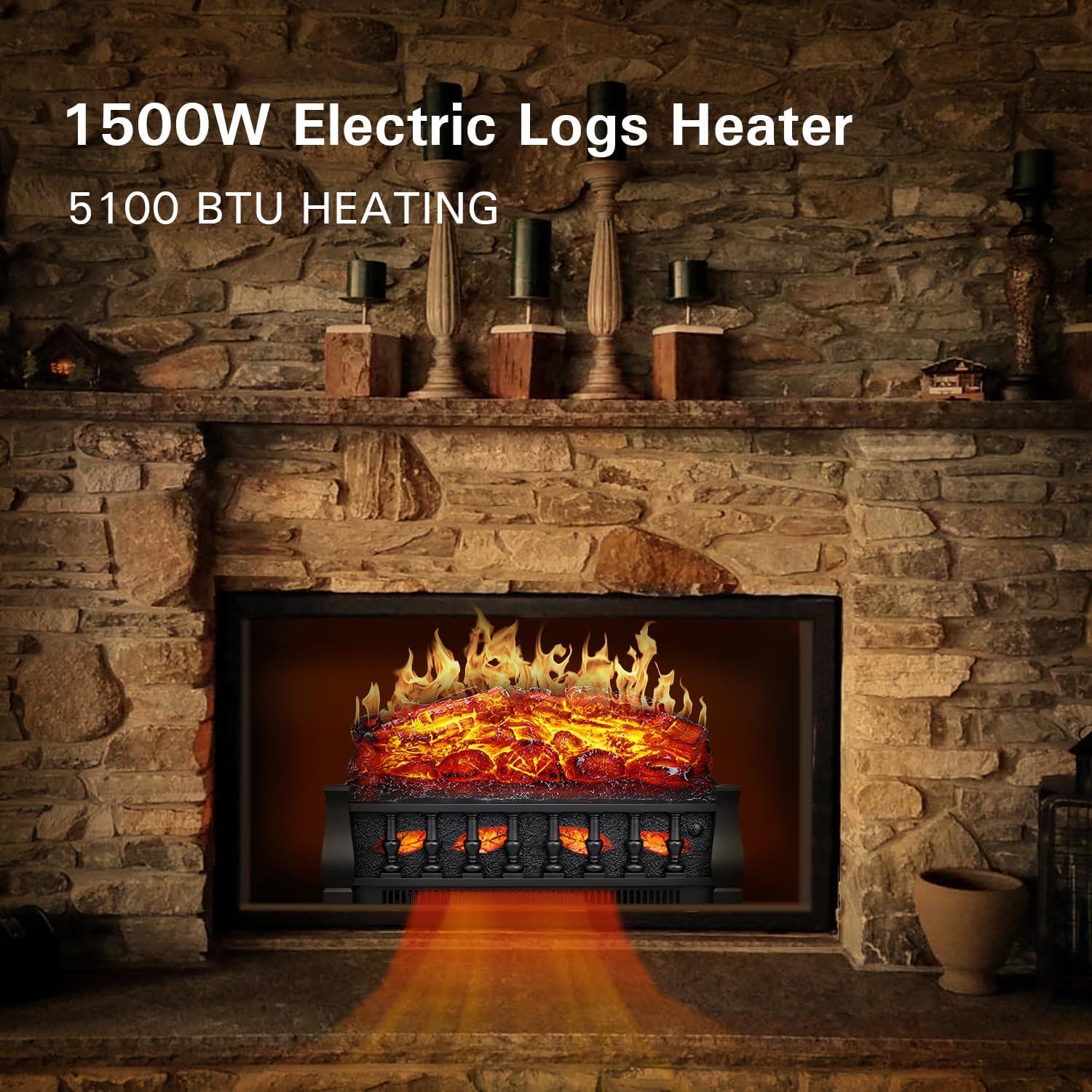 R.W.FLAME Electric Fireplace Insert Log Heater 21",750W/1500W Adjustable 5 Flame Brightness&Speed, Fireplace Insert with Realistic Ember Bed&Traditional Brown Log,Overheat Protection&Remote Control