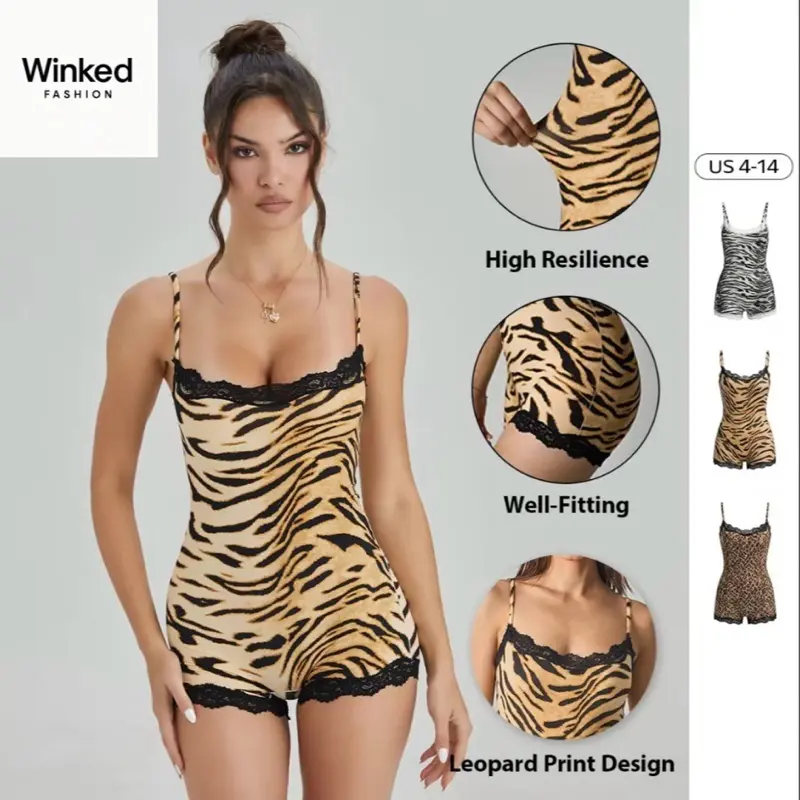 WinkedFashion Women's Abstract Tiger Print Thin Strap Lace Trim Soft Playsuit, Minimalist Stretch Sleeveless Shapewear, Sport & Outdoor Clothing