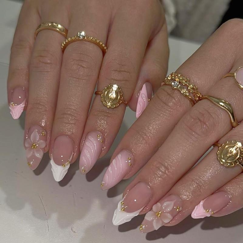 24PCS French Tip Press On Nails Medium Almond Pink Fake Nails with Embossed Flower Gold Beads Rhinestones Glue On False Nails Kit for Women Manicure