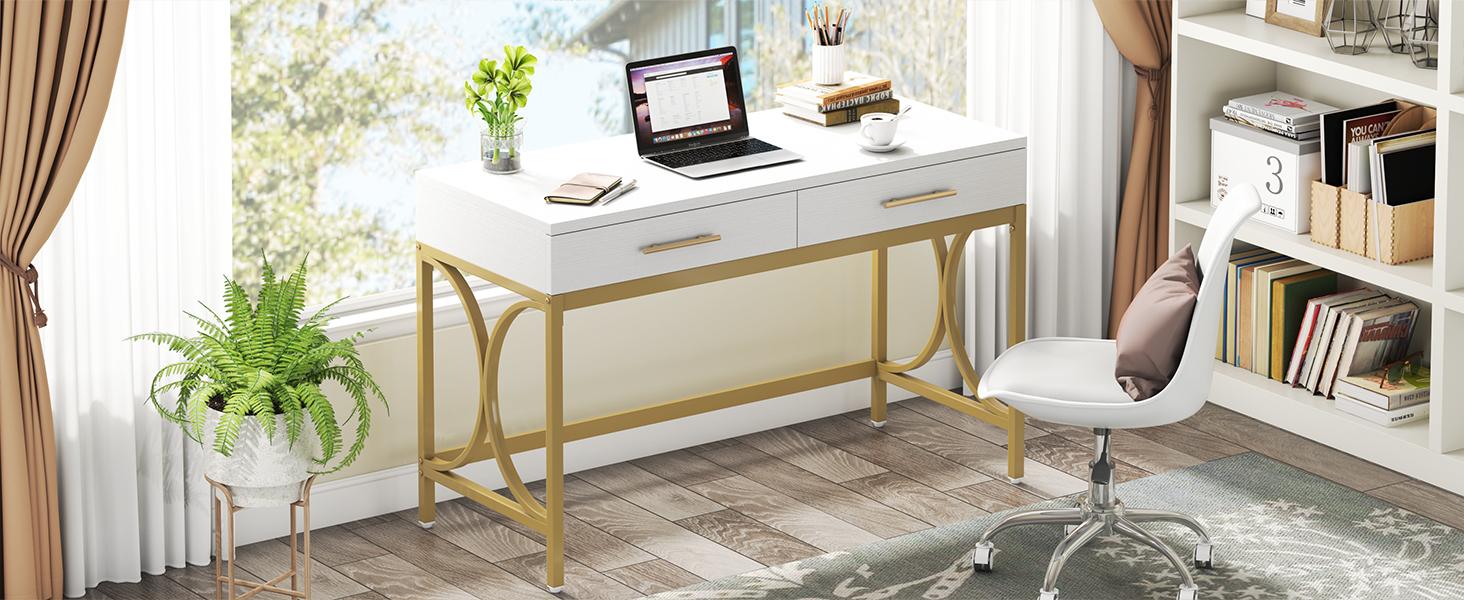 【BTS ONLY】Tribesigns 41" Computer Desk with 2 Drawers, Modern Study Writing Desk with Metal Frame for Home Office, Bedroom, White & Gold