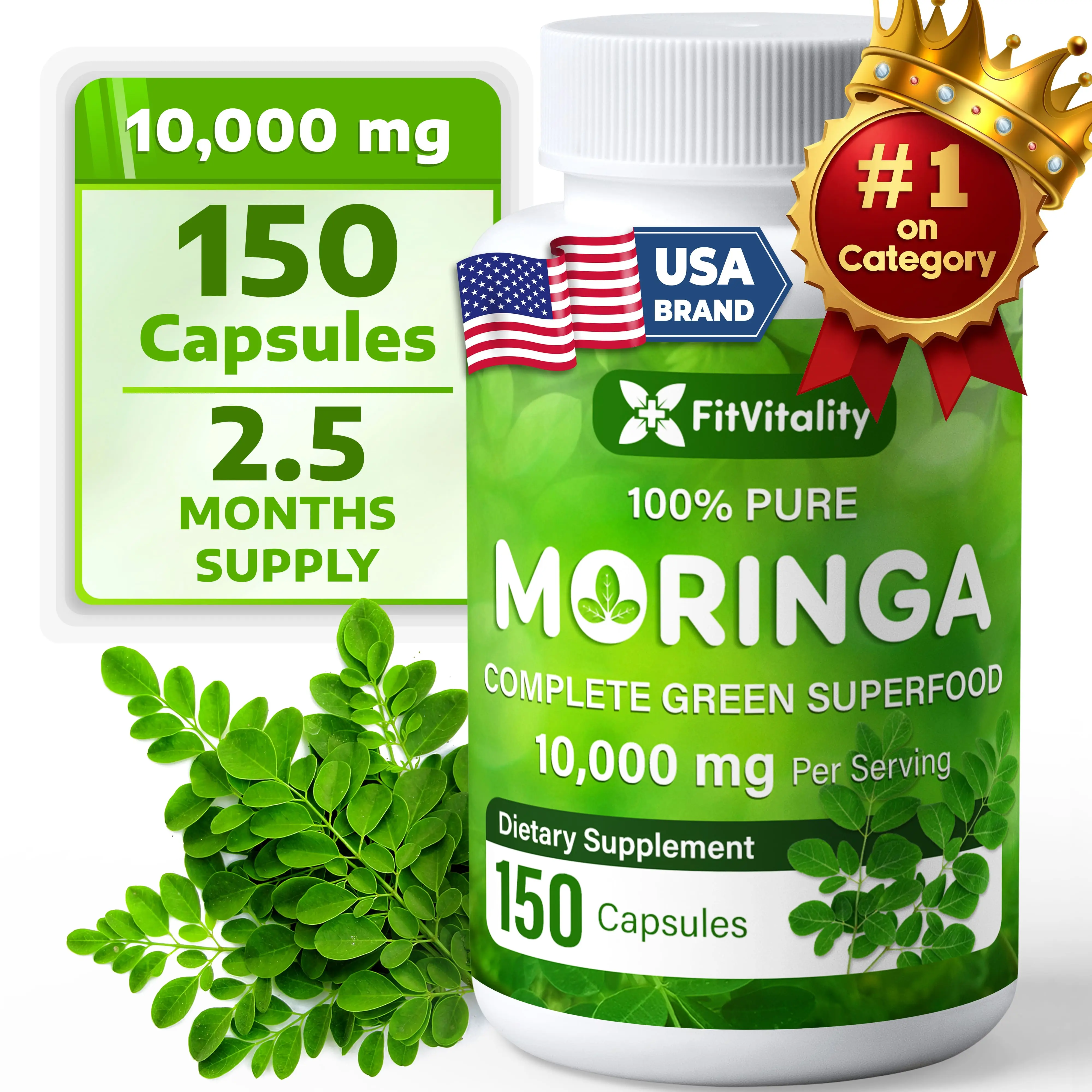 Moringa Capsules| 150 Capsules| Moringa Oleifera| 10,000mg| 100% Pure & Natural| Non-GMO and Gluten Free Supplement | Complete Green Superfood | Moringa Leaf Extract Powder #Clearance Sale