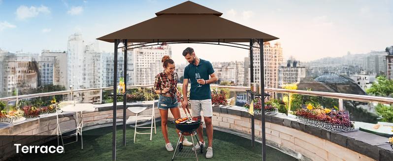 GVDV 8x5FT Grill Gazebo - Outdoor BBQ Canopy Shelter with 2 Side Shelves & Double-Tiered Top for Patio Backyard Grilling, Brown