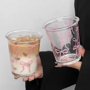 Pink Bow Flared Glass Cup Cute Kawaii Style Unique Dessert Glass Cup for Delightful Dessert Presentation - Drinkware, Mug iced coffee home office tumbler set water