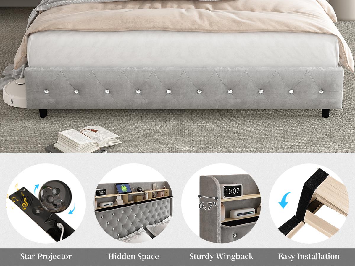 Queen Led Bed Frame with Galaxy Aurora Star Projector, Queen Platform Bed with Charging Station, 52" Upholstered Hidden Storage Headboard with Wingback, Noise Free, No Box Spring Needed, Velvet Grey