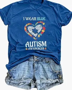 Autism Awareness Shirt Women I Wear Blue Teacher Shirts Autistim Acceptance Graphic T-Shirt Mental Health Tops