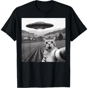 Alien UFO Cat Selfie Graphic Novelty T-Shirt For Men Women And Kids