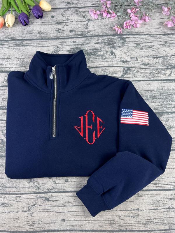 Custom Embroidered Diamond Monogram Quarter Zip Pullover – Classic Personalized Sweater for Men