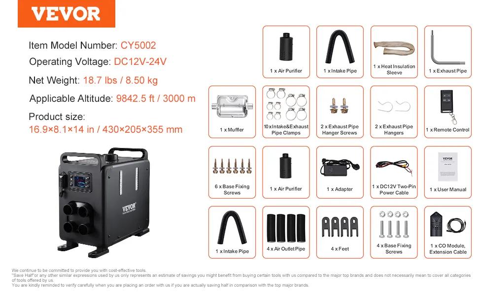 VEVOR Diesel Air Heater, TikTokShopBlackFriday, 2kw/5kw/8kw, With an adapter, without an adapter,Portable Parking Heater Fast Heating Low Noise, Diesel Heater for Truck RV Trailer Camper Van Boat and Indoors