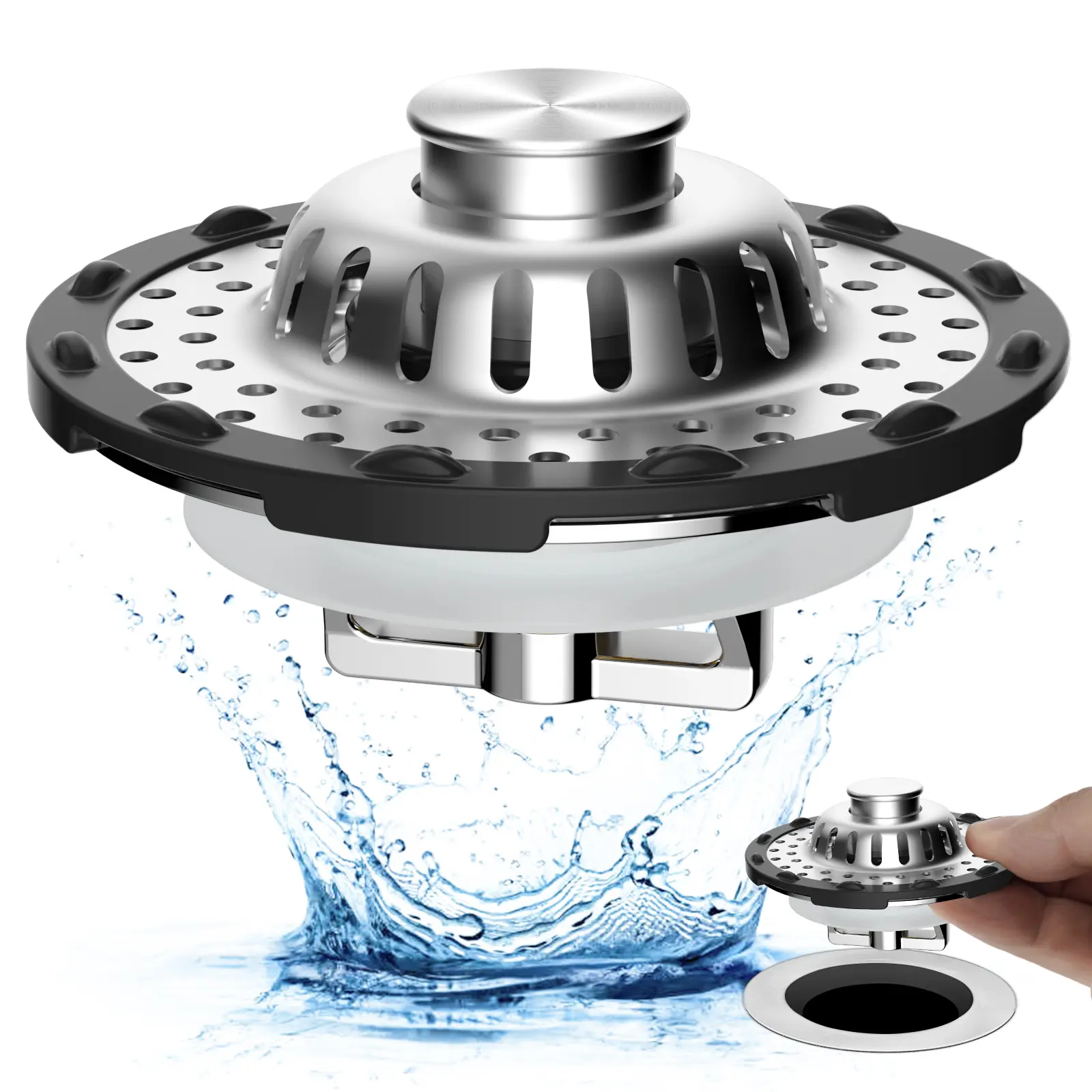 Hibbent 3-in-1 Pop-up Sink Stopper - 1 Pack Chrome, Bathtub Drain Stopper with 4 Silicone Rings, Rubber & Plastic Waterproof Fixture, Visible Top Hair Catcher, Detachable Stainless Steel Filter Basket, Fits 1.53-2.4in Standard Bathroom Holes