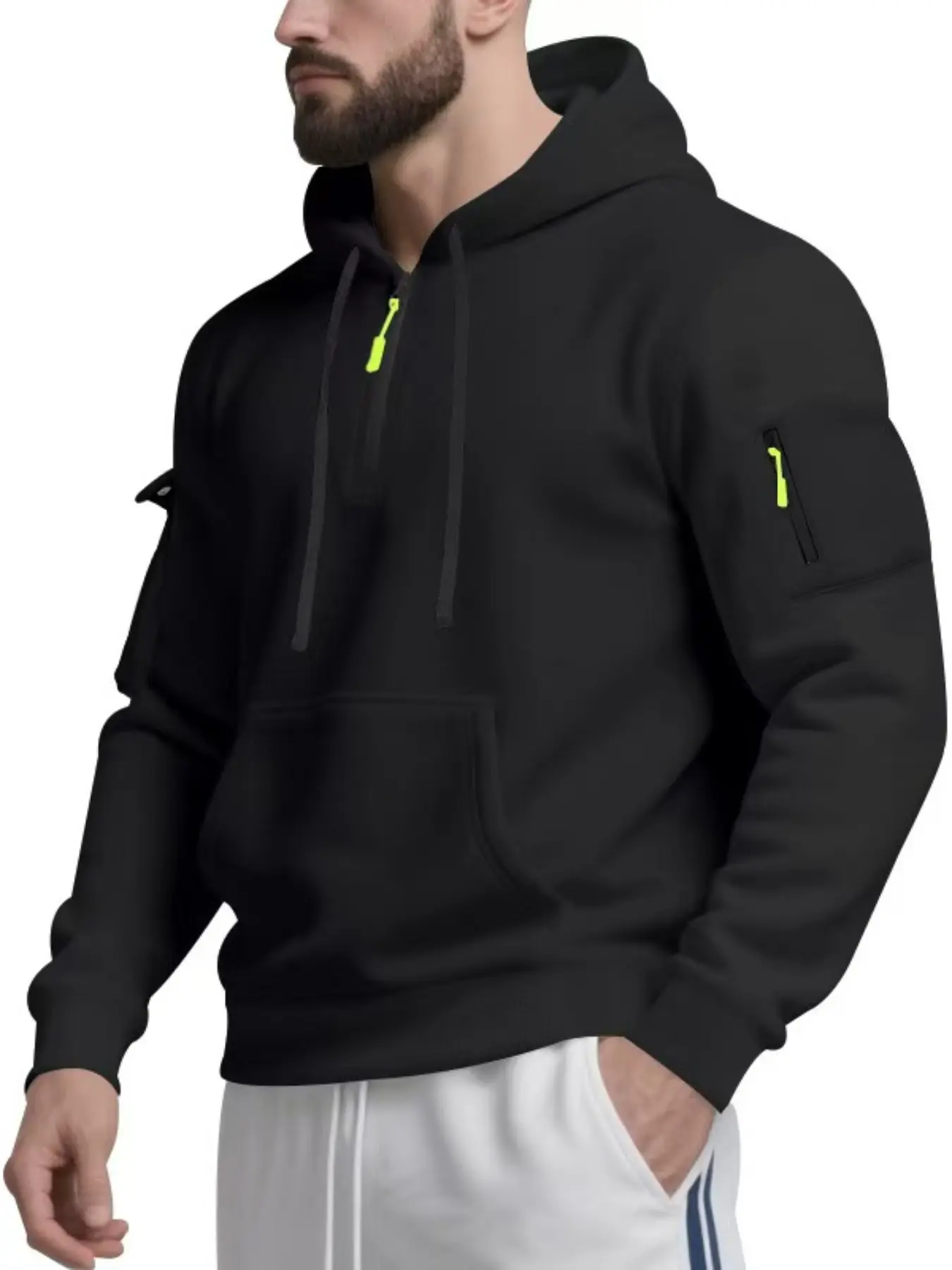 Men's Fleece Lined Half-Zip Hoodie Sweatshirts, Waterproof Windproof Outdoor Warm Elastic Fitted Casual Long Sleeve Pullover for Fall & Winter