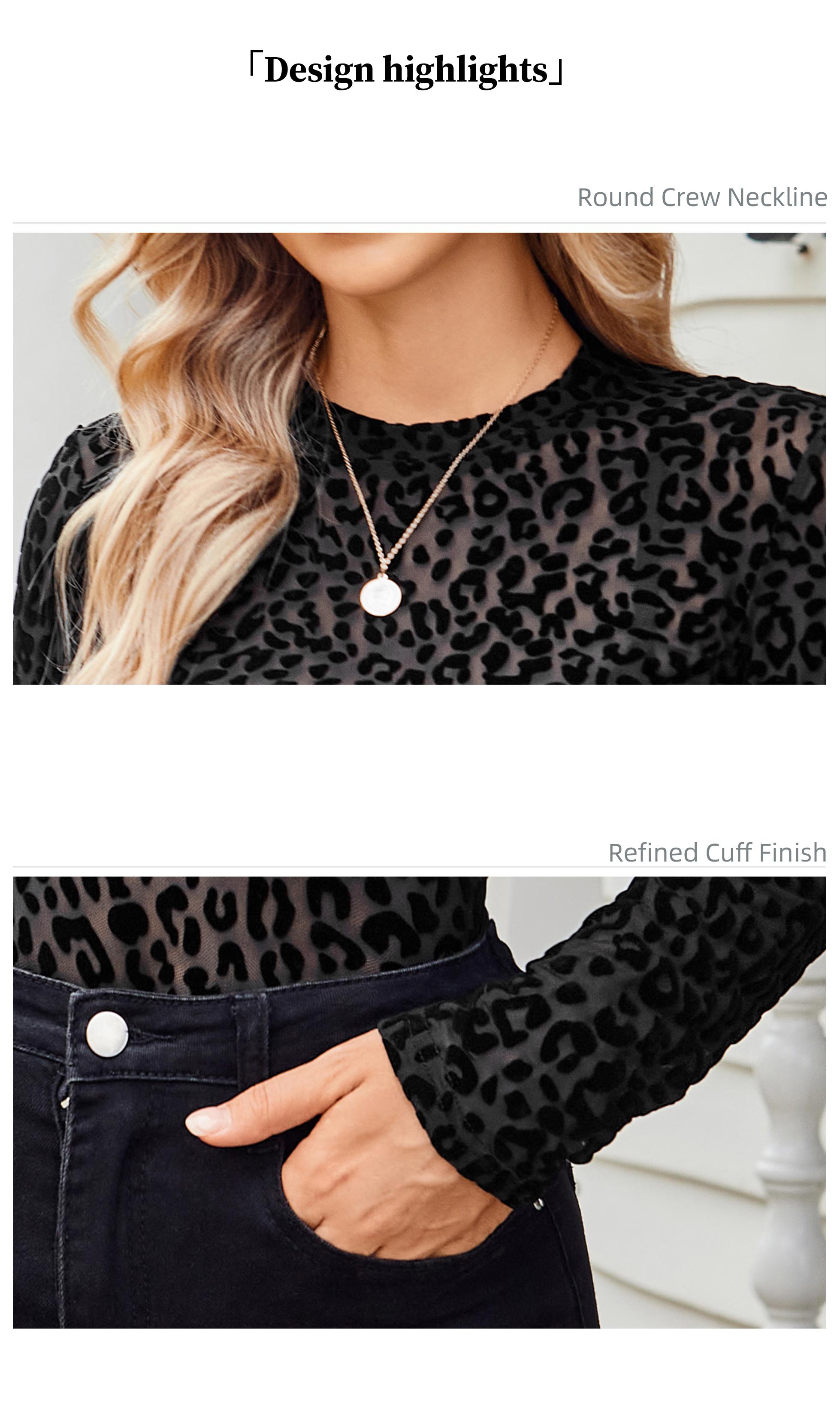 Chicovar Womens LeopardPrint Mock Neck Mesh Top, SexySheer Tshirt, Non-itchy Lace Shirt,Elegant Long Sleeve Shirt for AllSeasons, ldeal for Night Out,Holidays, Party, Concert