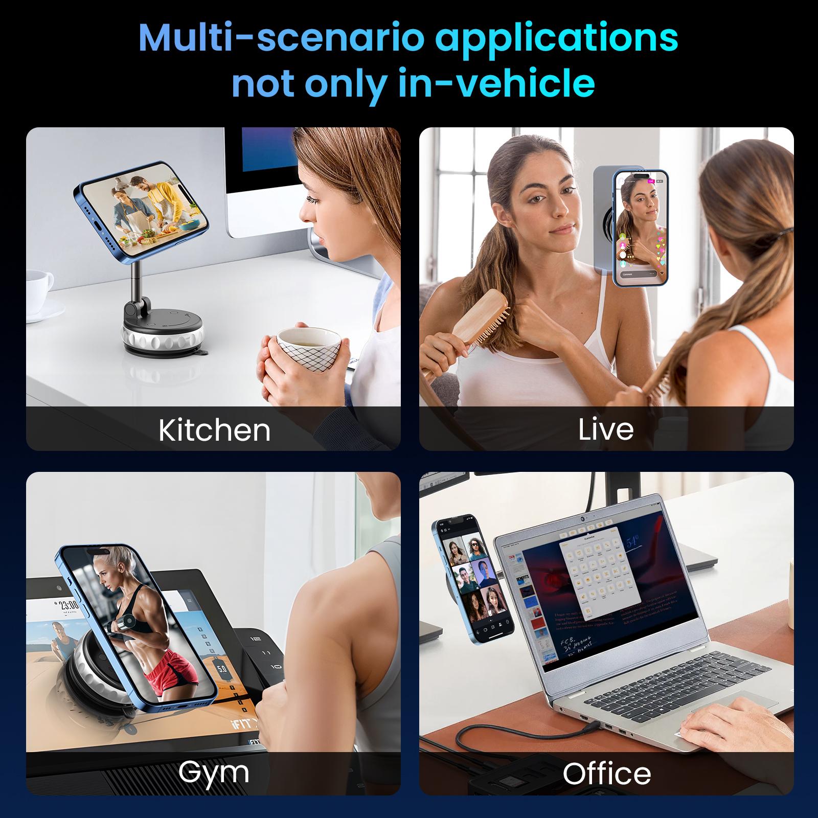 FUDUOO Car Phone Holder, With Magnetic＆Vacuum Adsorption Function, Adjustable and Foldable, Suitable for Smooth and Flat Surfaces, Compatible with All Smartphones