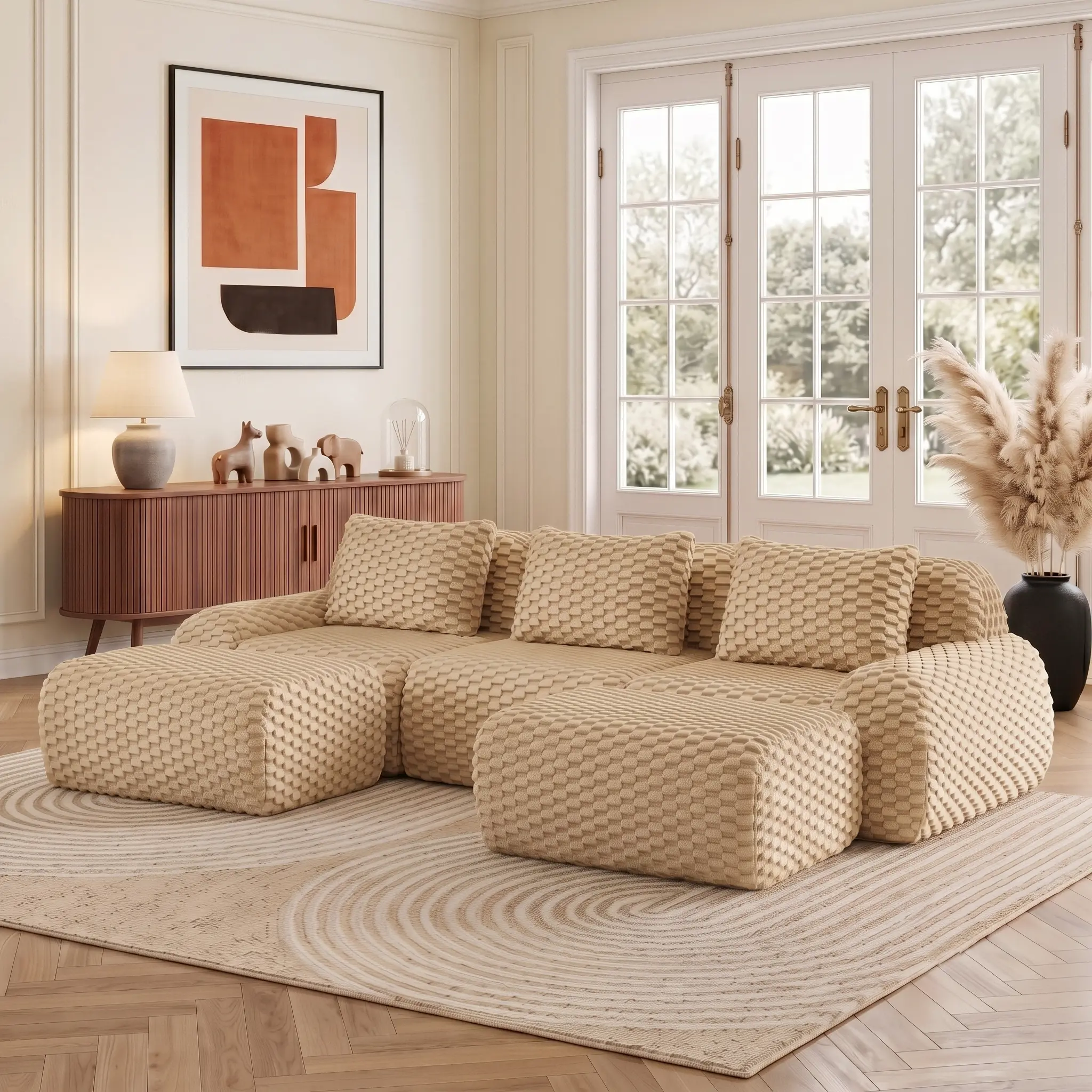 Eyisean 114" Highly Textured Modern Boneless Modular Sectional Sofa, Flannelette Soft Buckle-Fastened Modules, Fixed Arms, 32D High-Density Sponge, Deep Seat, 3-Pillow Lounging, Durable Pre-Assembled Indoor Sofa