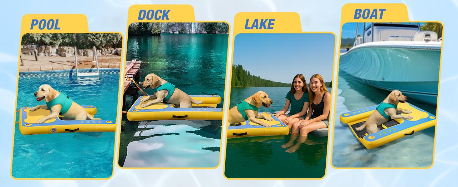 WARMOUNTS Inflatable Dog Water Ramp, Floating Dock Platform for Big Dogs (Up to 220 LBs) with Ladder, Ropes, Non-Slip Pad, High Visibility Dogs Safety Ramp for Pool, River, Boat