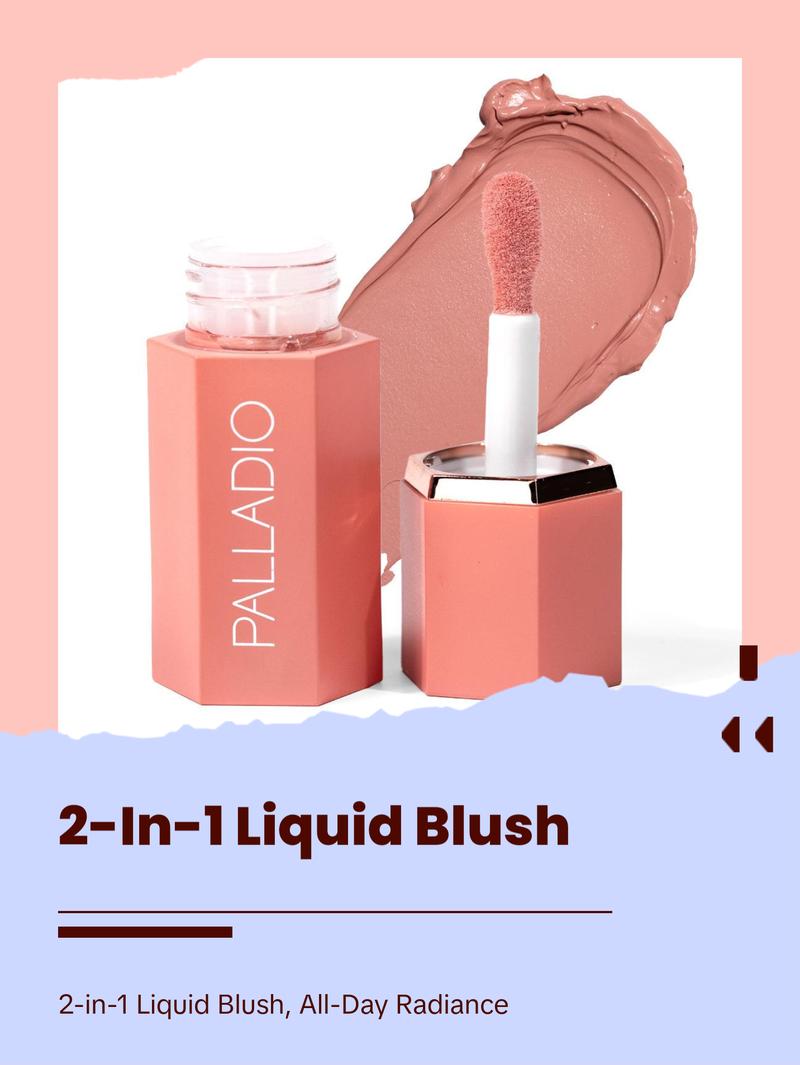 Palladio Liquid Blush for Cheeks & Lips 2-in-1 Makeup Face Blush, Weightless Cream Formula, Smudge Proof Long-Wearing Pigmented Blush, Natural Look Makeup Face Blushes, Shimmer & Satin Shades