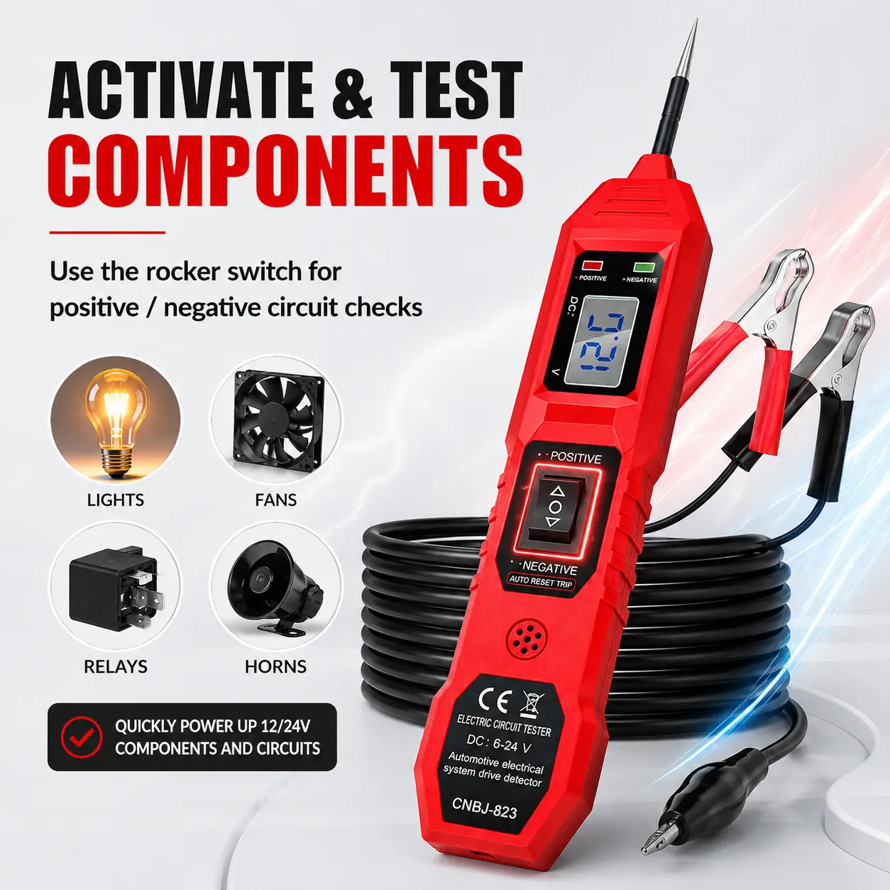 Handheld Wired 6-24V Automotive Circuit Tester - DC Electrical System Diagnostic Probe Electronic Repair Tool with Digital LCD Voltage Display, Polarity Indicator, Continuity Check, Auto Reset Protection, Long Test Lead for Cars, Trucks, Motorcycles, Volt