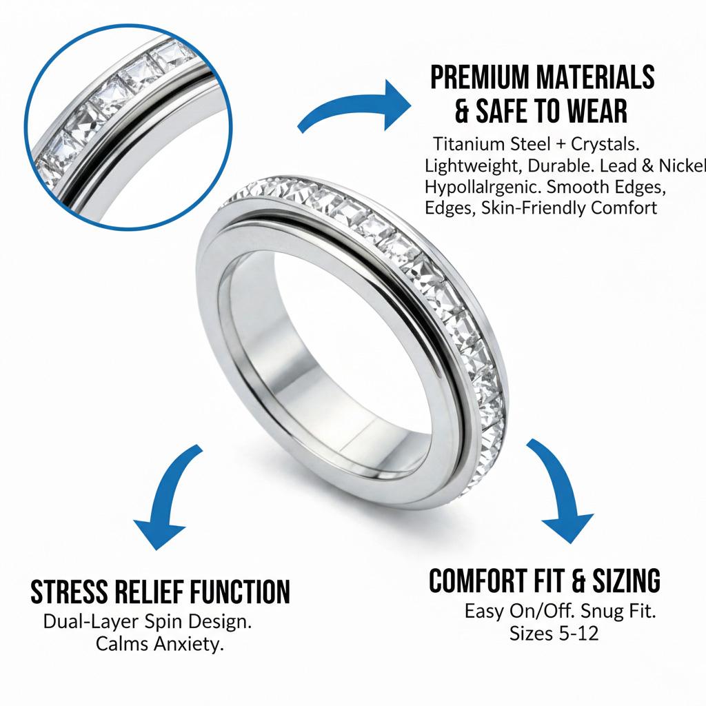 Anxiety Rings for Women and men Titanium Steel Sparkling Spinner Fidget Band Rings for Ladies Relieving Anxiety Wedding Promise Lucky Rings for Daily Wear Comfort Fit Size 5 to 12 Valentine’s Day gift