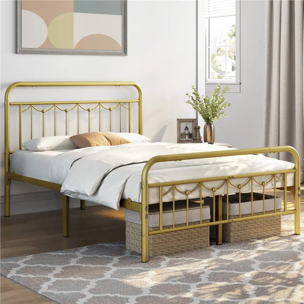 Yaheetech Metal Bed Frames with Vintage Headboard and Footboard, Farmhouse Metal Platform Bed, Heavy Duty Steel Slat Support, Ample Under-Bed Storage, No Box Spring Needed tiktokshopbacktoschool