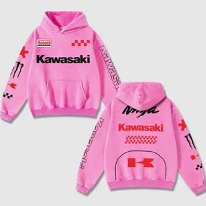 Retro Pink Kawasaki Ninja x Monster Energy Racing Washed Hoodie Motor World Champion Enthusiast Apparel Streetwear Racing Team Super Motorsports Clothing Motobike Riders Supermotor Off-Road Dirt Bike Fan Gear Cotton For Motor Fan