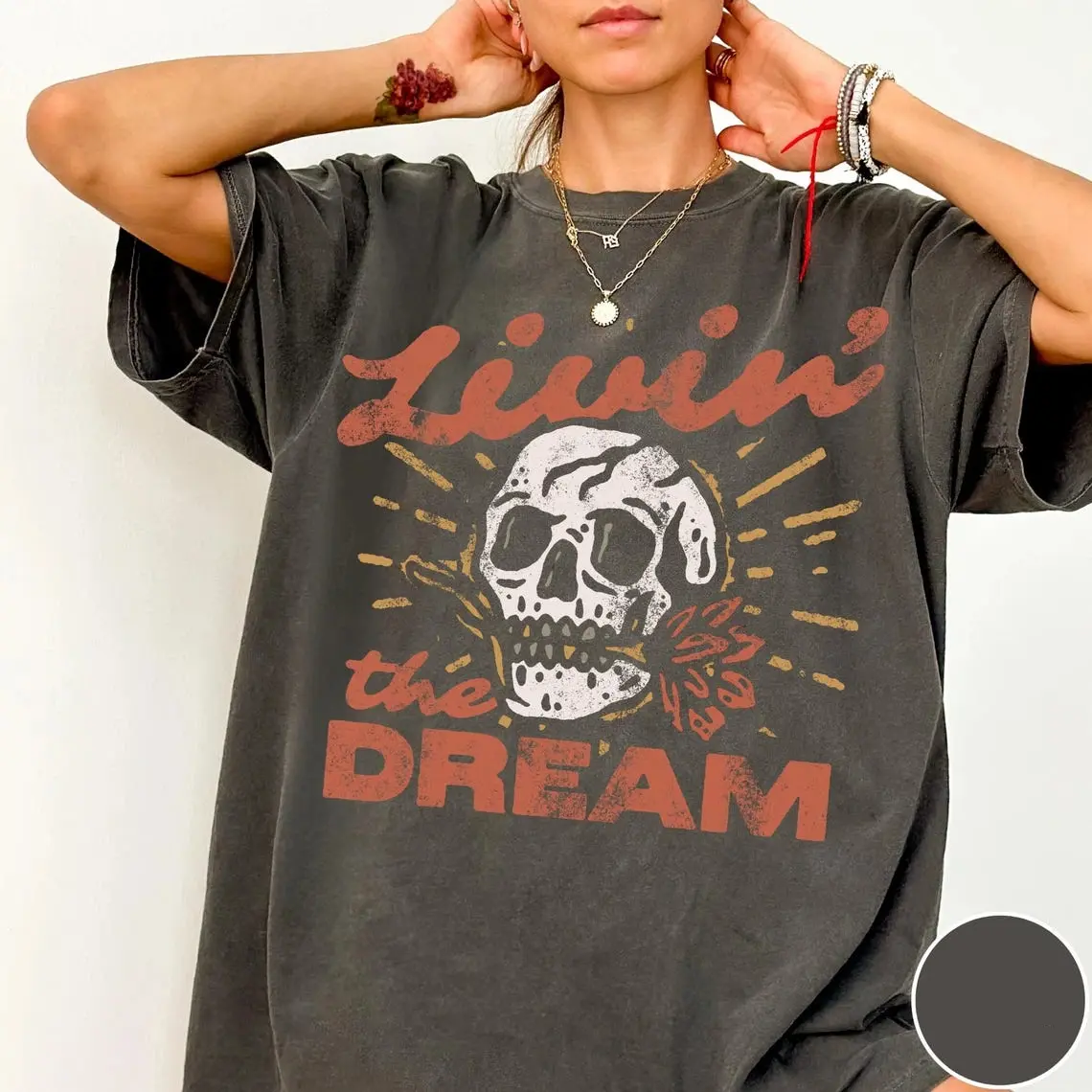 Livin' the Dream T-Shirt, Vintage Distressed Skull Shirt, Oversized Retro Grunge Tee, Trendy Grunge Indie Boho Graphic Tee