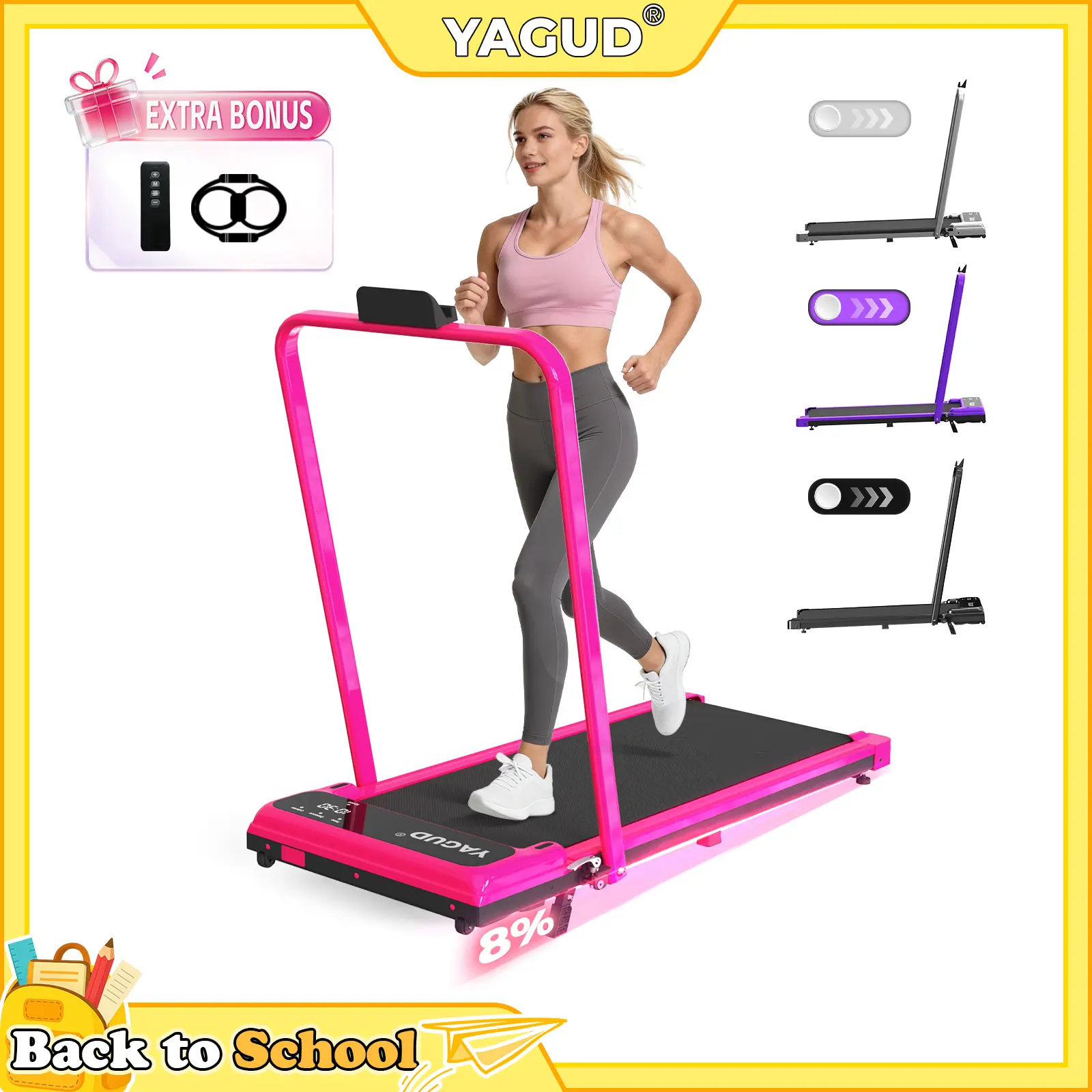 【BACKTOSCHOOL】 YAGUD Foldable Handrail Adjustable Incline Treadmill, Low Noise Motor Walking Pad, 265lbs Weight Capacity, Remote Control & Wheels for Easy mobility, Dual Shock Absorption System Home Gym Equipment, Home Workout Equipment