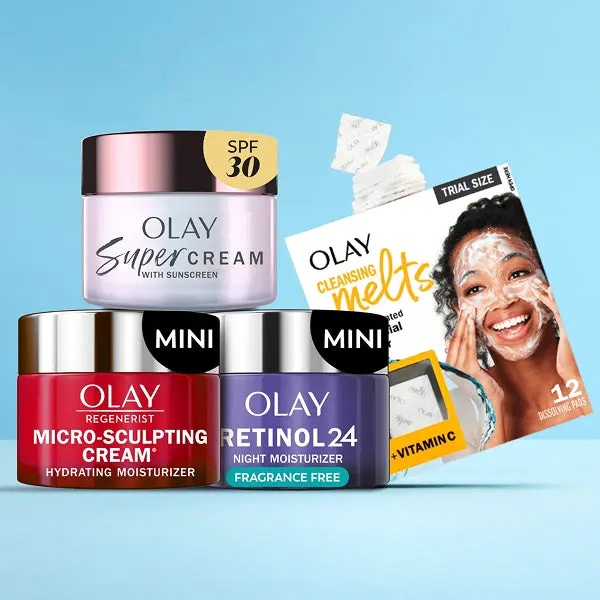 Facial Trial Size Bundle - Mini Heroes Discovery Set with Lightweight Hydrating Super Cream, Micro-sculpting Cream, Retinol24 Moisturizer, and Daily Gentle Cleansing Melts