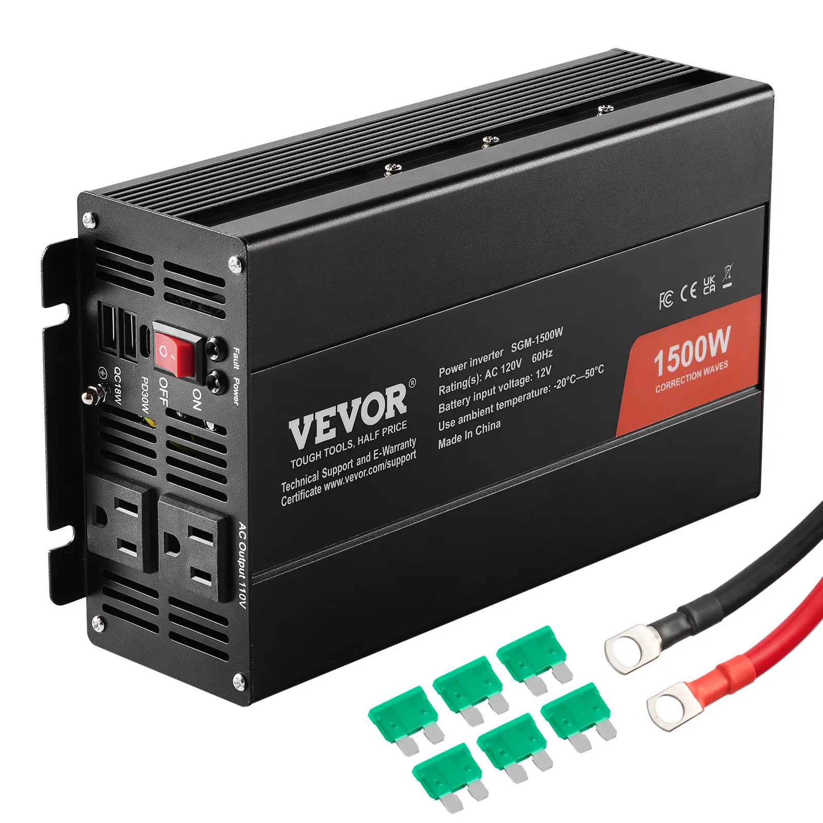 【Summerfinds】VEVOR 1500W Energy Efficient Modified Sine Wave Inverter - DC 12V to AC 120V2 AC Outlets2 USB Ports1 Type-C Port6 Spare FusesCE FCC Certified for Small Home Devices (SmartphoneLaptop)Energy Efficient Inverter