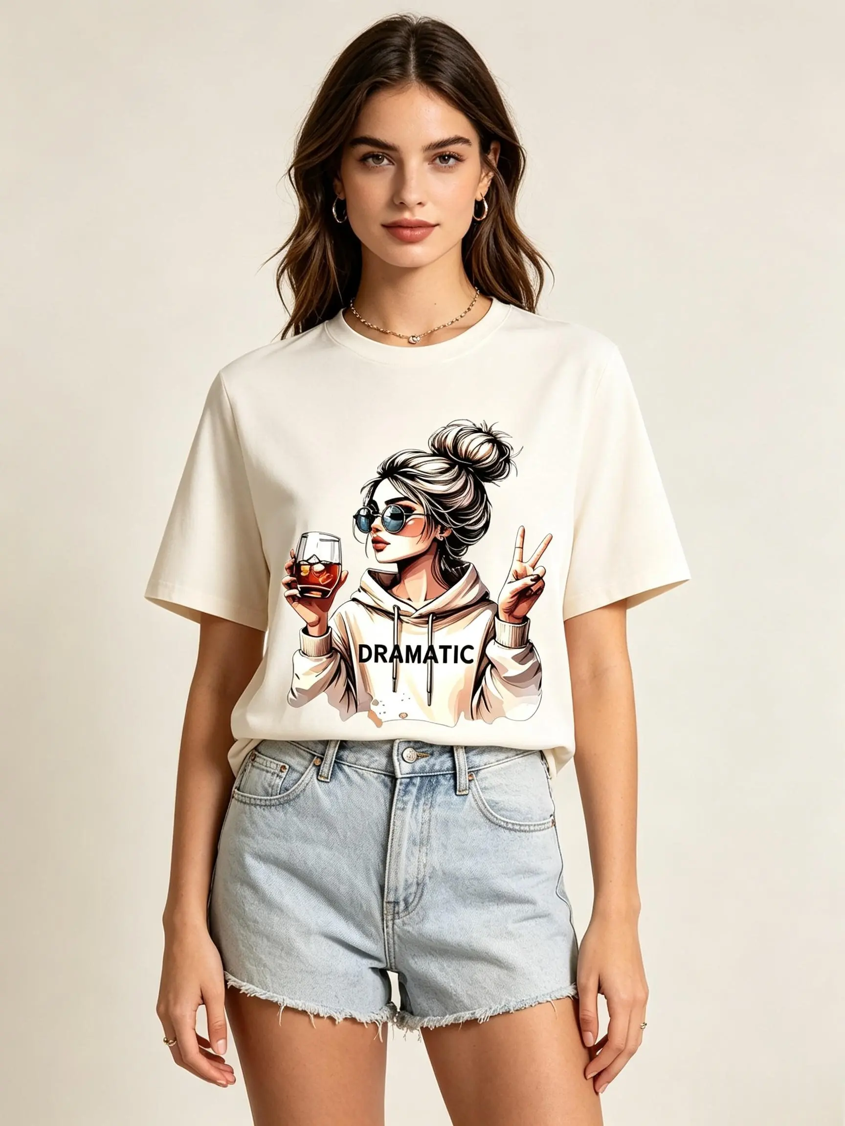 Women's Vintage Oversized Graphic Print Cotton T-Shirt - Lightweight Short Sleeve Round Neck, Dramatic Mom Aesthetic, Trendy Streetwear, Summer Vibes, Plus Size Basics, Fabric, Thanksgiving Gift for Drama Queen, Leggings Compatible, Vintage Retro sohochic