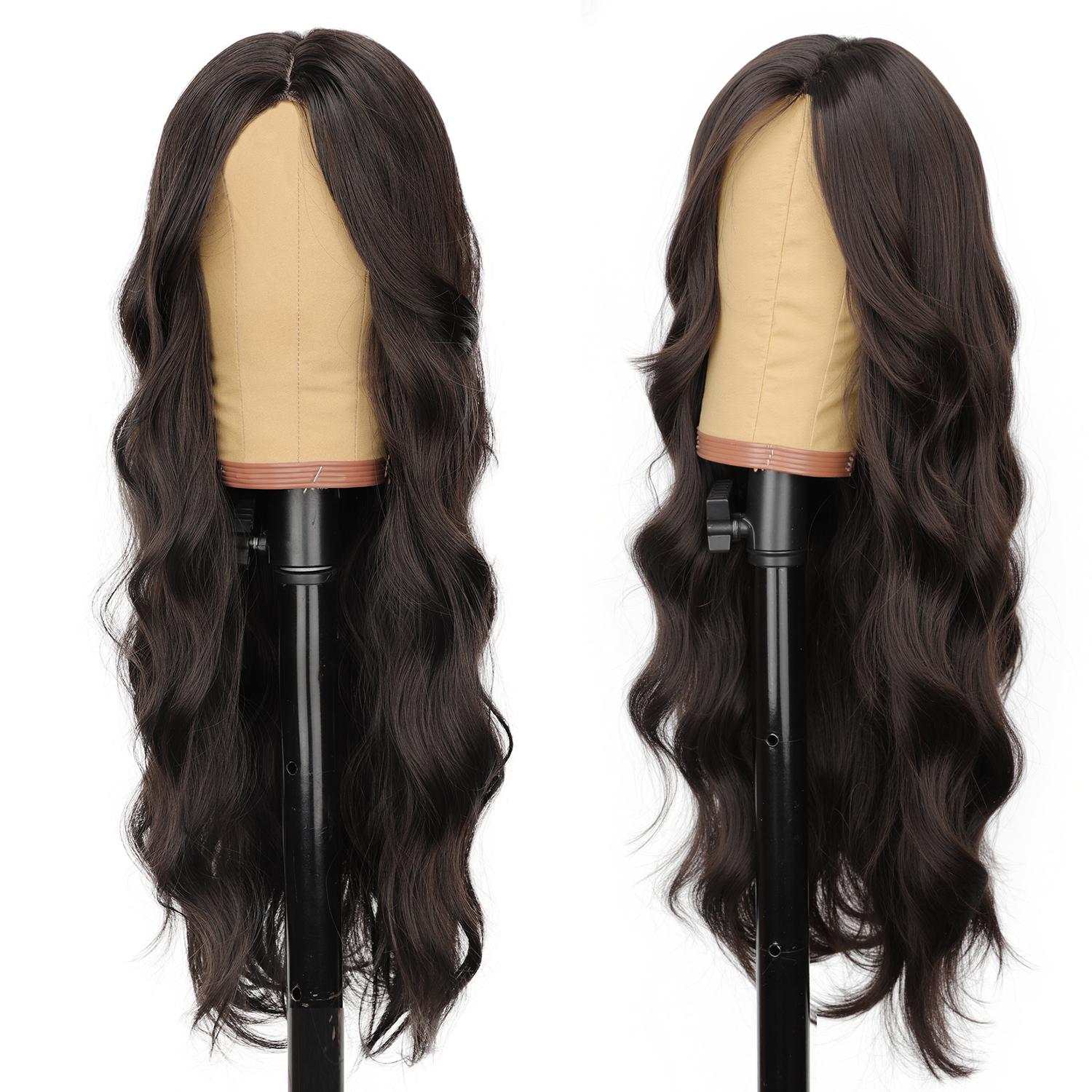 [AISI HAIR] Rich Dark Brown Silky Shine Wig for Women Long Wavy Lace Synthetic Scalp Natural Hairline Glueless Middle Part 26Inch Daily Party Use