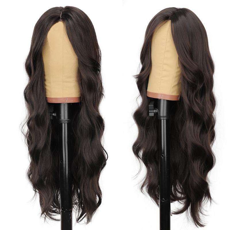 [AISI HAIR] Rich Dark Brown Silky Shine Wig for Women Long Wavy Lace Synthetic Scalp Natural Hairline Glueless Middle Part 26Inch Daily Party Use