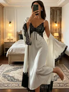 Lace Sheer Camisole Set Sexy lingerie suspender mesh jumpsuit lace pajama set Women's Solid Color Elegant and Sexy Comfortable Netting Lace Trimmed Bow Detail Thong Nightgown + Wide Sleeve Robe Pajamas Homewear Set