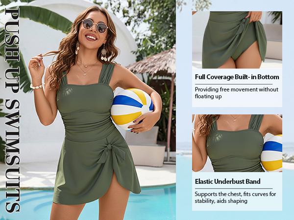 Blooming Jelly Womens One Piece Swim Dress Retro Tummy Control Modest Swimsuit Ruched Wide Strap Square Neck Bathing Suit