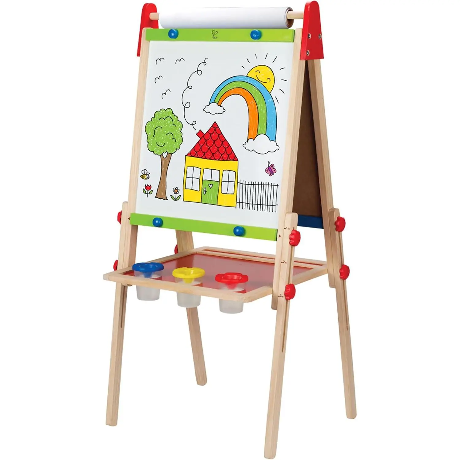 Hape Magnetic All-in-1 Wooden Artist Easel Art Set for Kids - Height Adjustable (37.5-43.5in/95-110.5cm), Magnetic Whiteboard, Dry-Erase & Chalkboard, 3 Paint Pots, Refillable Paper Roll, Drip Tray, Screw Down Clamps, Drawing Art Kit, Open Ended Play, Art