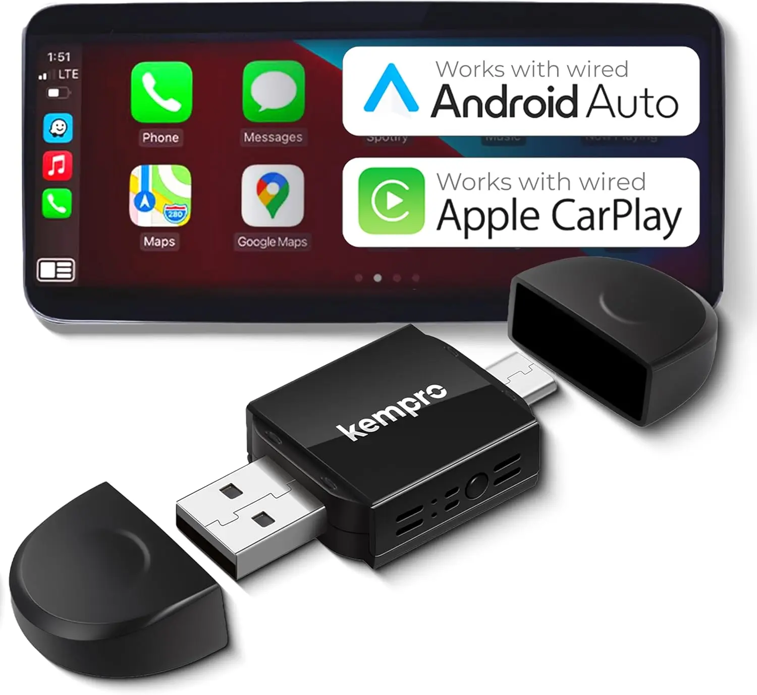 Kempro Wireless CarPlay Adapter - Plug-and-Play Dongle with Auto Reconnect, Compact Cable-Free Design, USB A & USB C Ports, Wired-to-Wireless Converter for 2017 Factory Wired CarPlay Cars, iOS 10+ & Android 11+ Compatible, Driving, Ios & Android Ok, Bluet