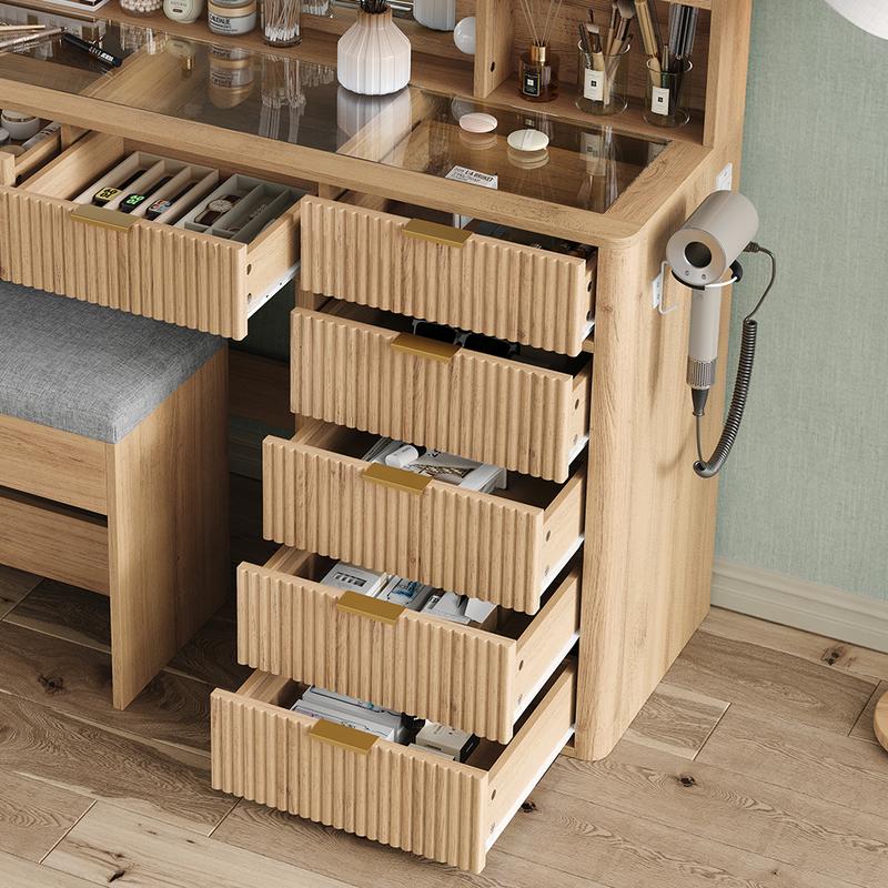 FUSOU [ Valentine's Day ] 47'' W Fluted Vanity Desk, Makeup Vanity with Power Oultlet, 7 Drawers Vanity with 10 LED Lights and Mirror, 3 Lighting Modes Adjustable, Glass Top, Vanity with Chair for Bedroom, Natural