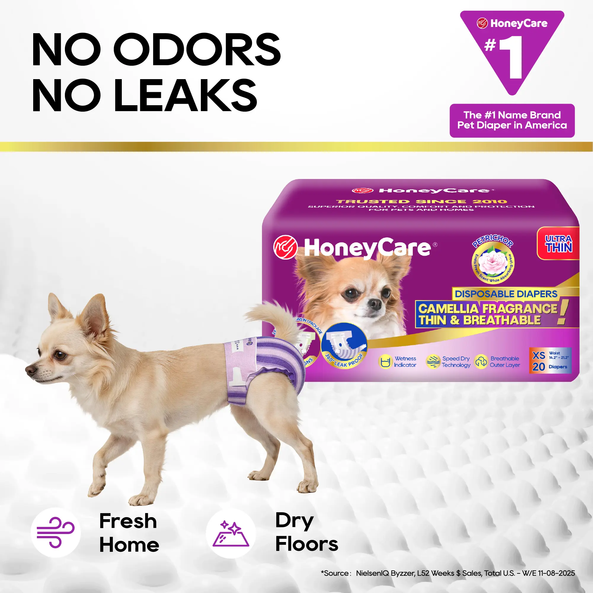 [D] HoneyCare Petrichor Disposable for Female Male Dog  Diapers Wrpas Pull-it-Up,Scented Camellia Fragrance, Odor Eliminating, Stretchy Fabric, Comfortable, Thin & Breathable, 2 Fashion Designs per Package, 4-in-1 Absorbent Liner #backtoschool